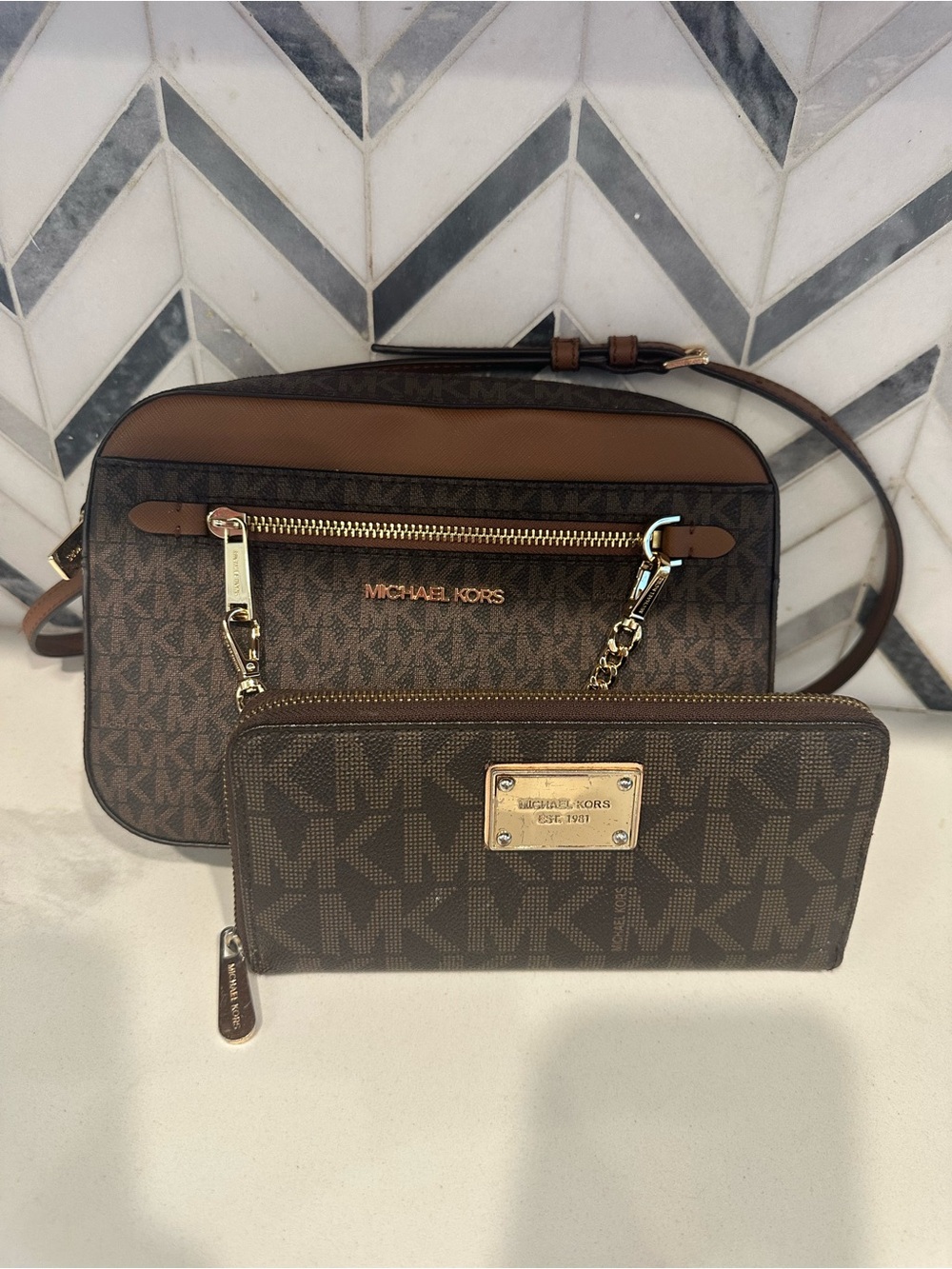 Michael Kors Brown and Gold Logo Zip Wallet